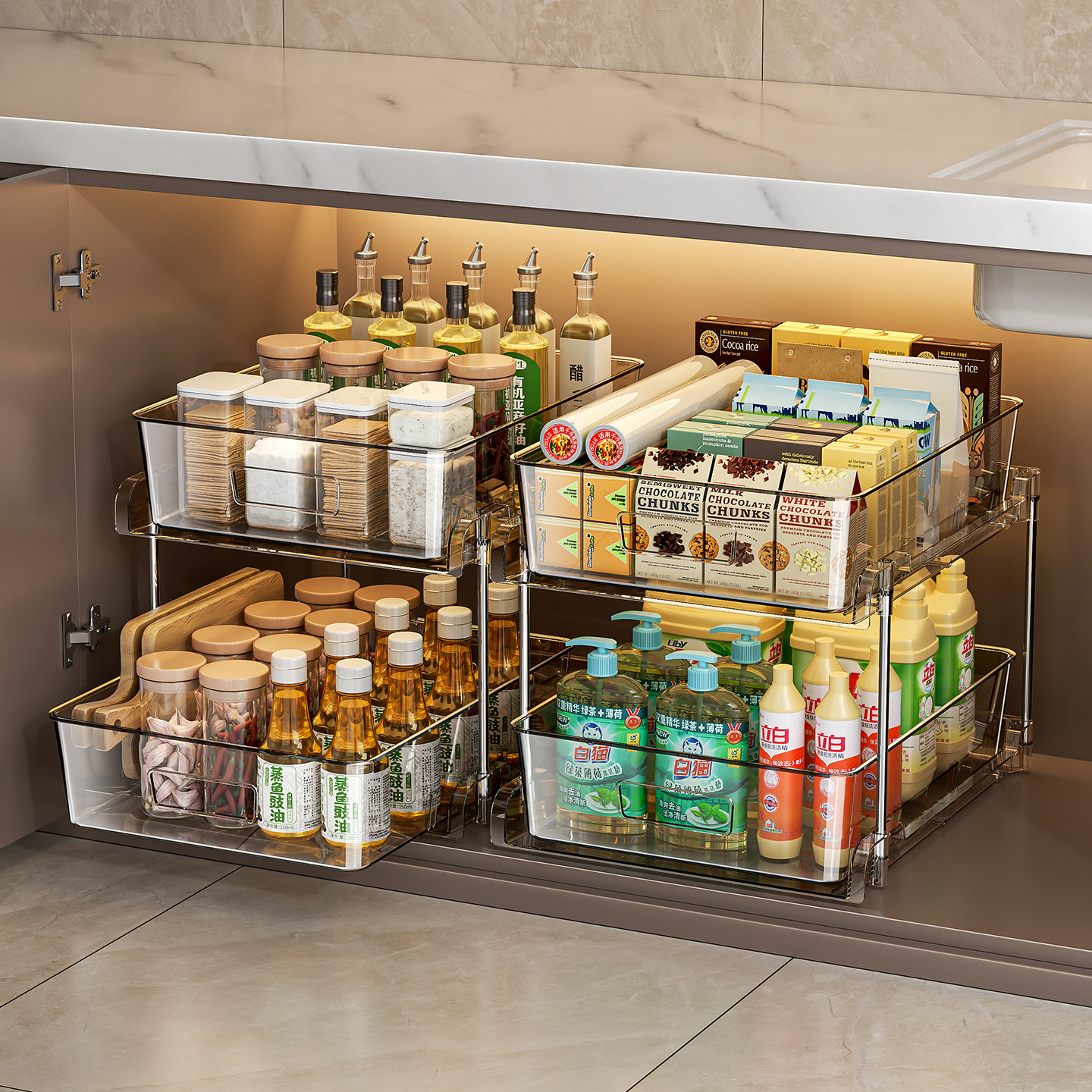 厨房抽拉式置物架橱柜内分层架储物收纳架下水槽抽屉式拉篮多功能