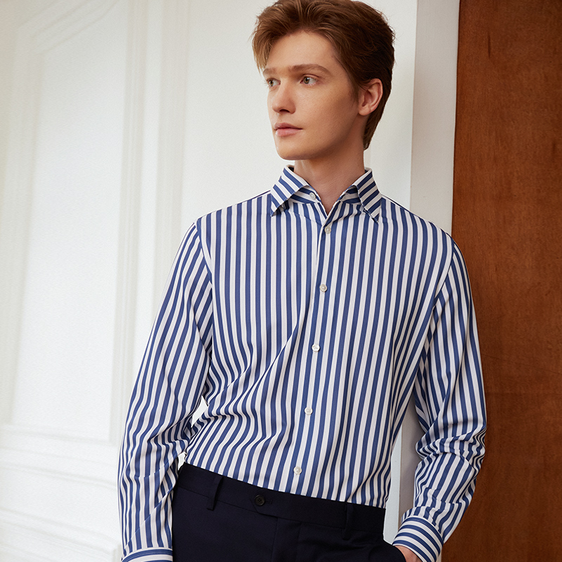 澳嘉男士蓝色衬衣长袖商务休闲条纹寸衫莫代尔正装衬衫男2025年秋