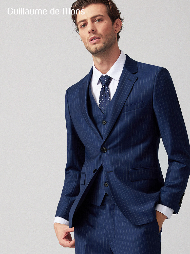 (Aojia)Suit suit men's wool blue striped three-piece suit groom wedding dress Men's custom suit