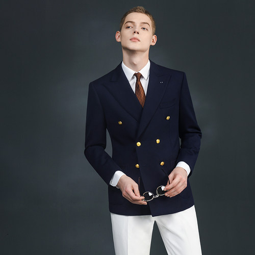 强捻羊毛西装商务双排扣修身西服