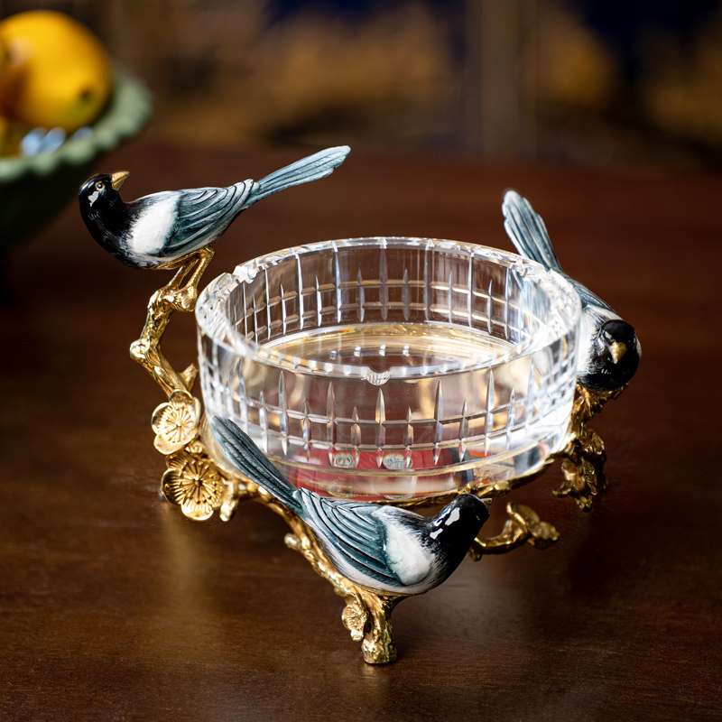 欧式高档奢华办公室烟灰缸铜配水晶客厅茶几烟缸创意喜鹊烟碟