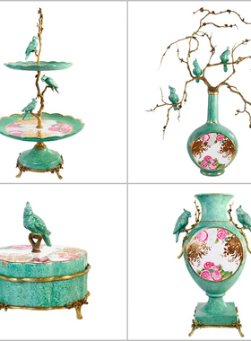 手绘牡丹描金陶瓷配铜摆件欧式