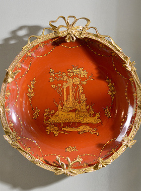 欧式陶瓷镶铜装饰挂盘红色陶瓷高档奢华玄关墙饰壁饰服装店挂件