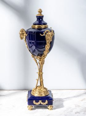 欧式创意铜羊头工艺品装饰美式蓝色陶瓷客厅玄关别墅书房软装摆i.