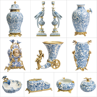 古典青花陶瓷全铜花瓶纸巾盒欧式 饰果盘摆件 客厅青花将军罐烛台装