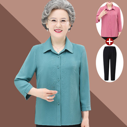 中老年人衬衫女奶奶夏装套装衣服妈妈纯色老人衬衣老太太上衣夏服