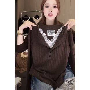 新款 法式 t恤女2025秋季 撞色拼接蕾丝花边长袖 撞色上衣ins 精致修身