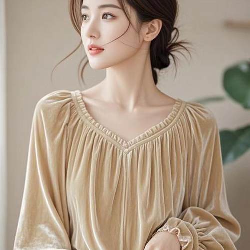 金丝绒上衣减龄杏色轻奢衬衫洋气