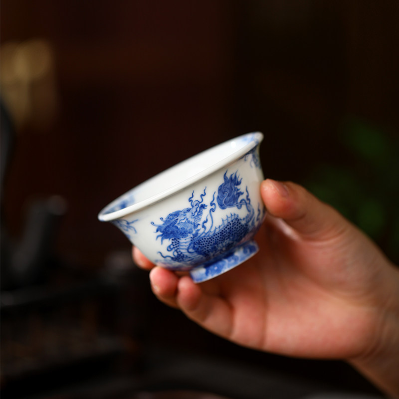 玖玉堂柴窑景德镇陶瓷手工手绘麒麟纹图案压手主人杯喝茶茶具柴窑