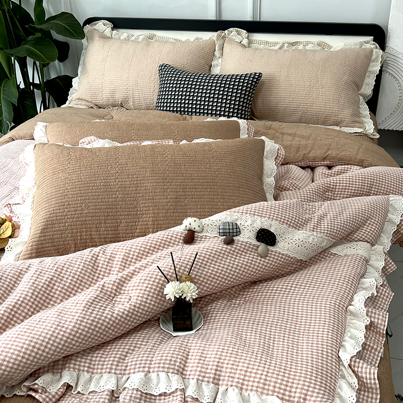 2025新款法式全棉纯棉水洗色织双层皱皱纱蘑菇春秋被床盖三四件套