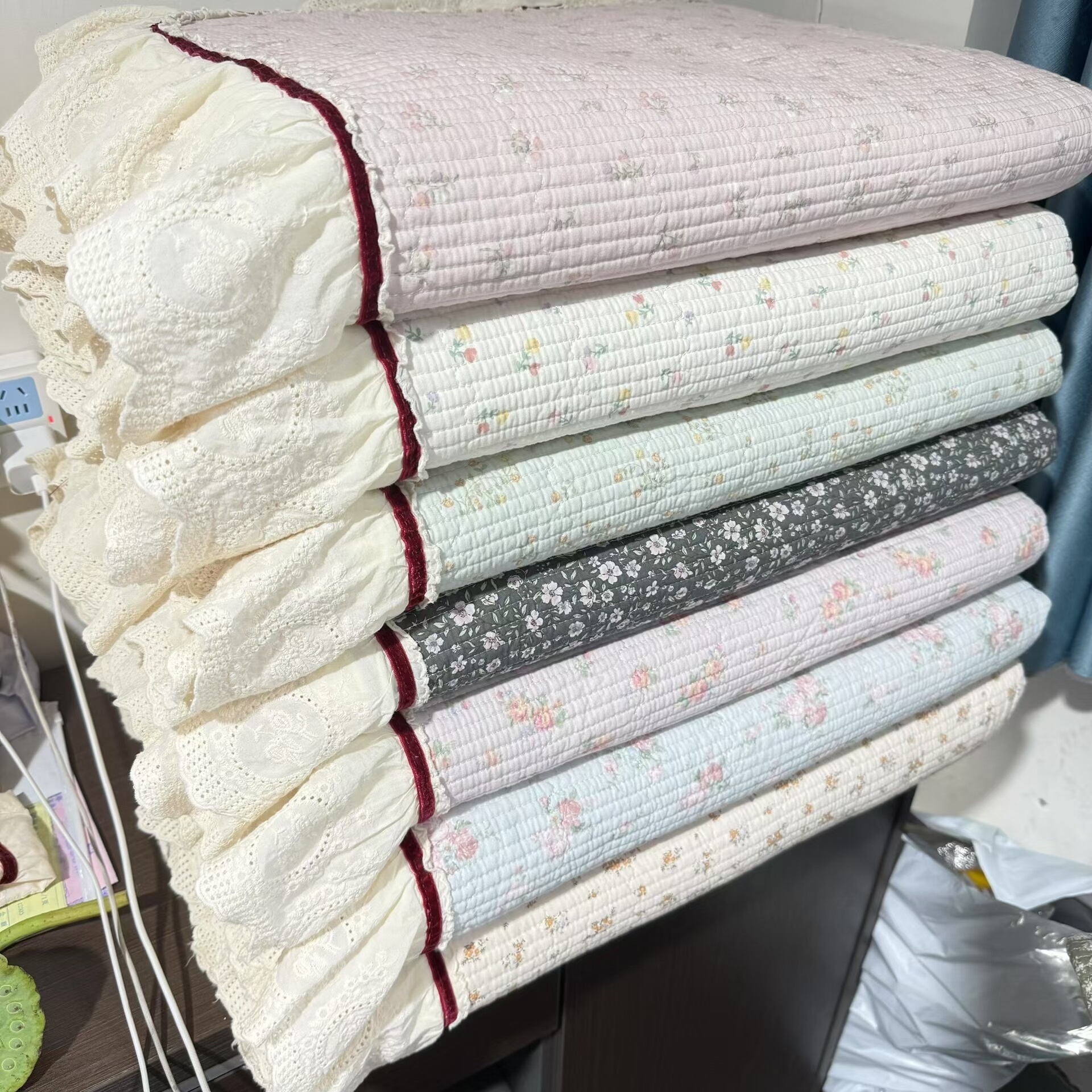 公主风法式花边纯棉床盖三件套四季通用全棉加厚夹棉花床单榻榻米