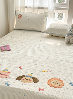 卡通毛巾绣水洗棉夹棉床盖三件套榻榻米绗缝炕盖加厚床单四季通用