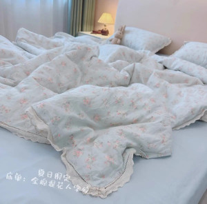 或早或晚良品家居2025新款A类母婴级全棉双层纱四件套春夏少女清新蕾丝花边纯棉