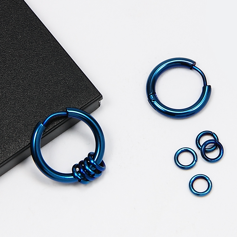 男士耳圈蓝色耳环男单只耳钉黑钛