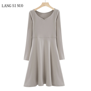 新款 长袖 韩版 纯棉长款 连衣裙高腰a字裙内搭打底裙 桃V领修身 秋季