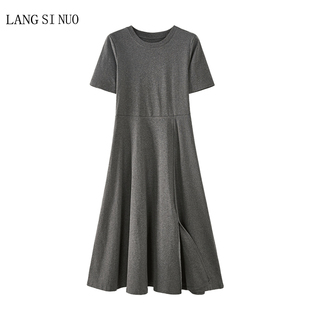 內(nèi)搭a字小黑裙高腰開(kāi)叉長(zhǎng)款 T恤裙夏 短袖 純棉過(guò)膝連衣裙女韓國(guó)新款