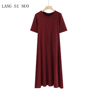 黑色亮闪闪连衣裙女夏2023新款韩版网红收腰显瘦中长款过膝t恤裙