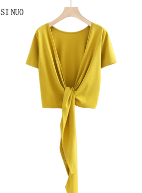 姜黄色短袖t恤女2023年夏季新款纯色v领交叉绑带修身短款露脐上衣