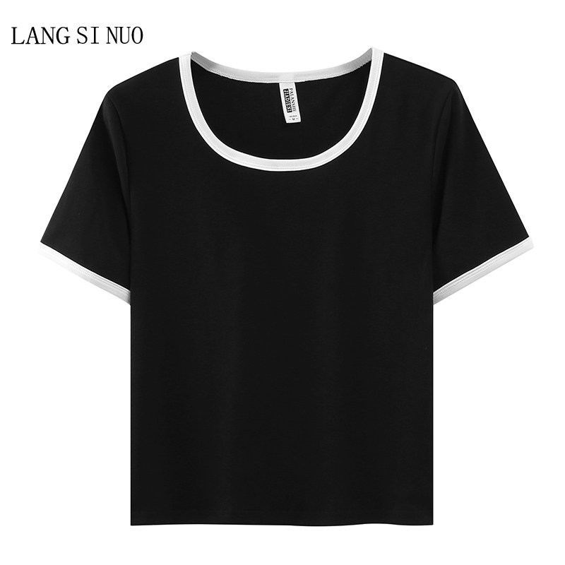 여름 새로운 한국 스타일 라운드 넥 솔리드 컬러 매칭 슬림 짧은 순수 욕망 순수 코튼 반팔 티셔츠 탑 여성 의류