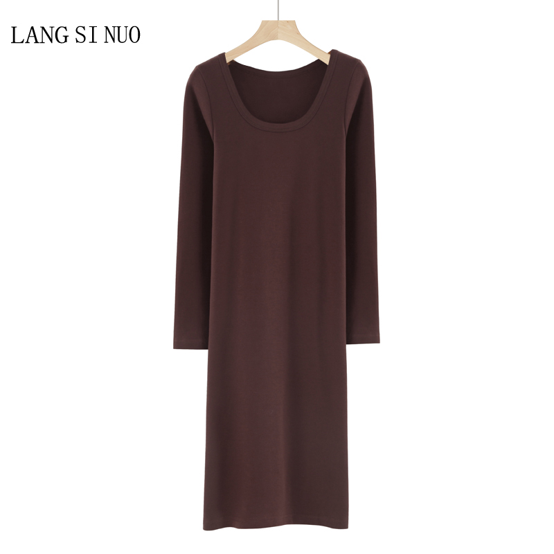 韩版2023春秋纯棉圆领长袖中长款体恤连打底衫连衣裙修身显瘦T恤