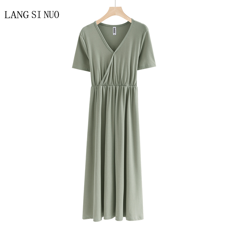 春秋季新款V领修身收腰绑带短袖连衣裙纯棉百搭A字裙休闲加长款女