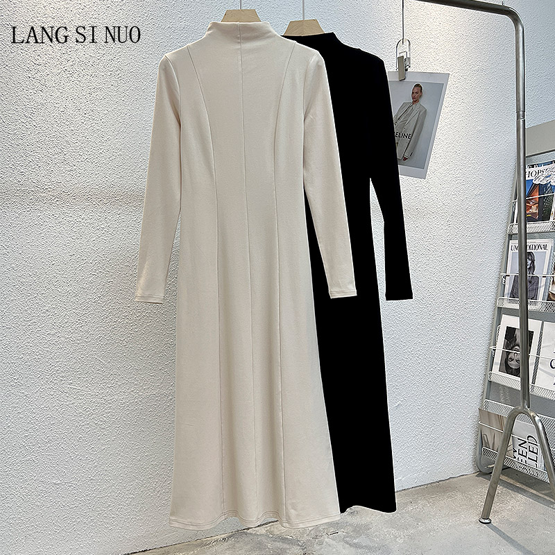 春秋新款韩版半高领纯色赫本裙纯棉修身显瘦长裤长袖连衣裙女装