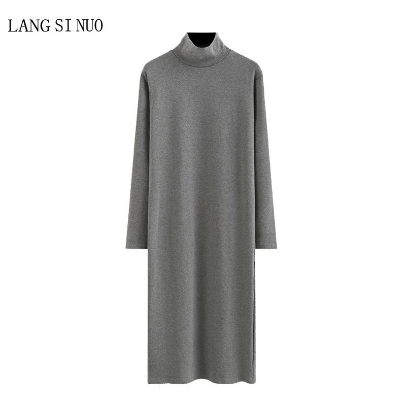 纯棉长袖半高领加长款连衣裙