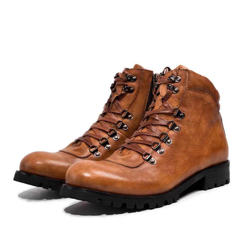 欧美风工装皮靴男士圆头系带侧拉链厚底增高牛仔复古高帮马丁靴潮