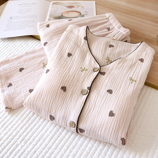 带胸垫春秋夏季长袖睡衣女士薄款纯棉双层纱布全棉麻家居服套装薄