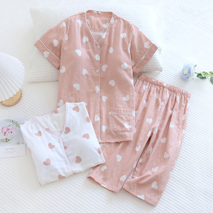 带胸垫纯棉纱布棉麻睡衣女春夏款夏天短袖七分裤甜美家居服薄套装