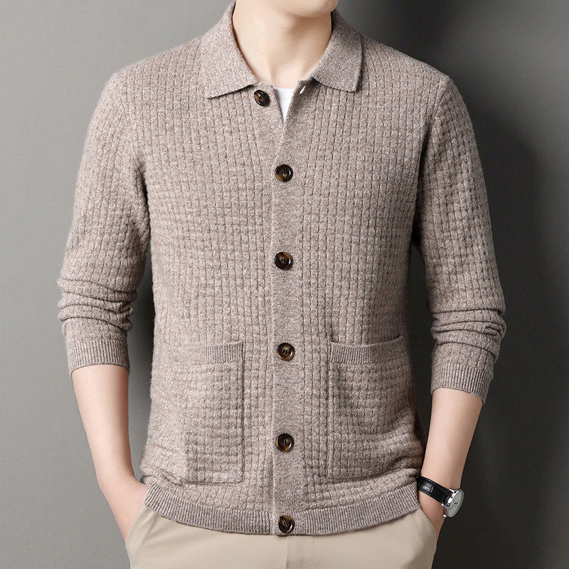 恒源祥新款秋冬季羊绒衫男开衫翻领毛衣外套加厚羊毛衫爸爸装