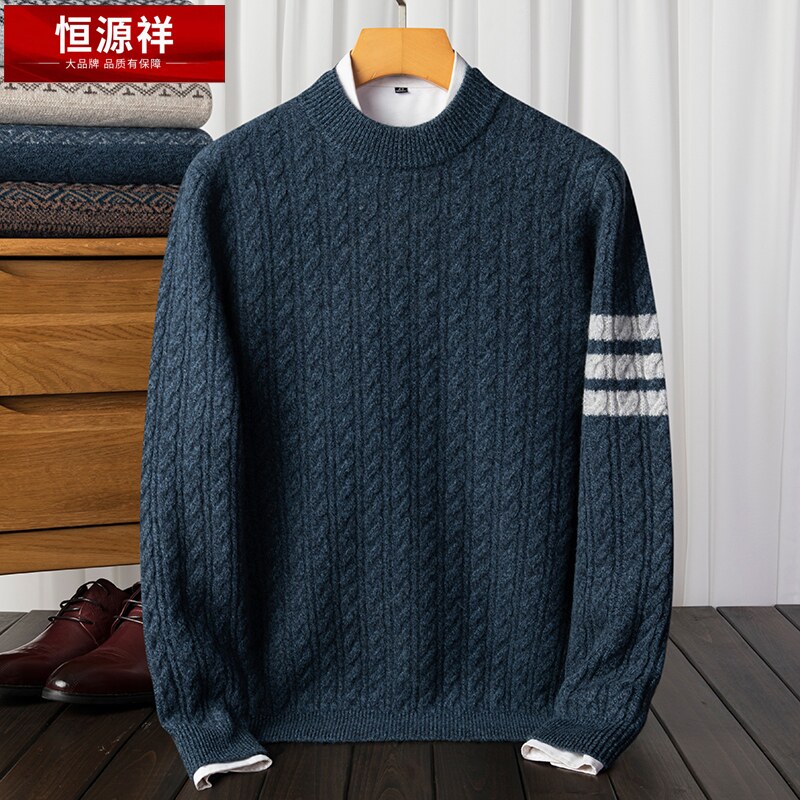 恒源祥羊绒衫男100纯羊绒圆领加厚提花针织衫毛衣男装冬季打底衫