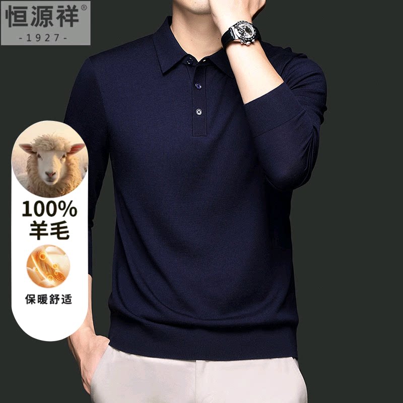 恒源祥秋冬款羊毛衫男100%纯羊毛翻领薄款商务休闲精仿针织打底衫