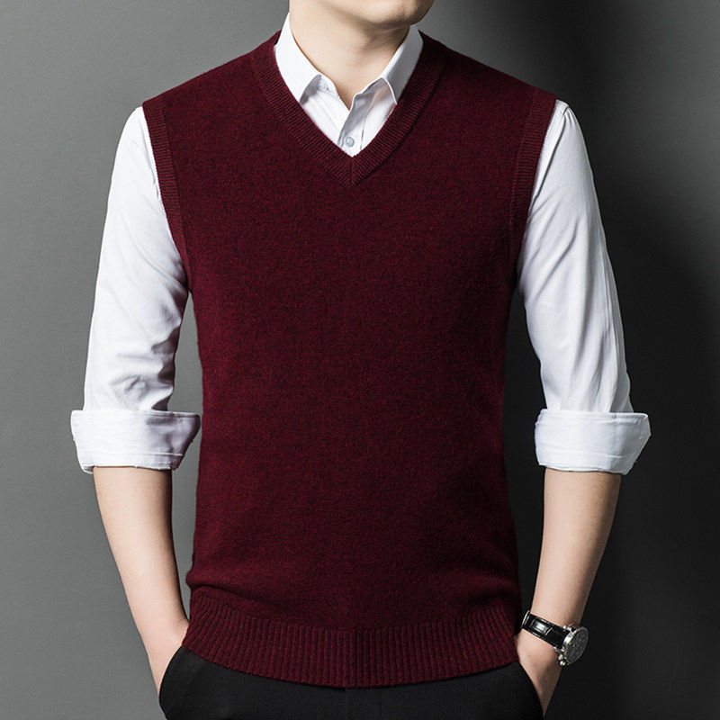 恒源祥100纯羊绒衫男V领秋冬高端无袖毛衣背心休闲马甲坎肩针织衫