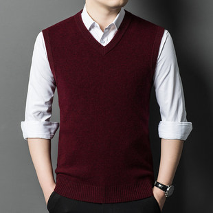 恒源祥100纯羊绒衫男V领秋冬高端无袖毛衣背心休闲马甲坎肩针织衫