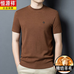 正品恒源祥100纯羊毛衫男款本命年红色短袖毛衣针织T恤羊绒打底衫