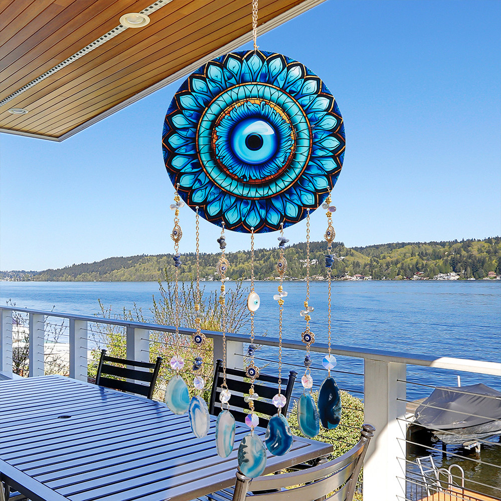 蓝色眼睛太阳捕手玛瑙水晶捕梦网挂件空中阳台墙上亚克力装饰吊饰