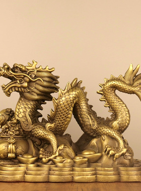 纯铜摆件五爪中国龙黄铜聚宝盆金龙家居办公室招财中式装饰工艺品