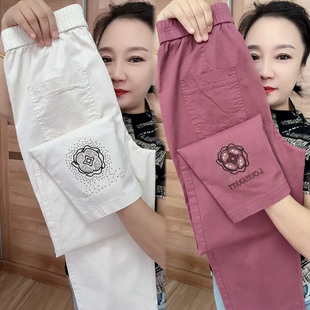 夏季薄款纯棉休闲裤女刺绣高腰小脚哈伦裤宽松显瘦百搭直筒九分裤