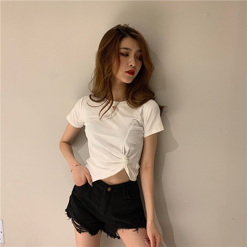 Real-price cautious machine knotted and twisted hem short shiny umbilical slim T-shirt