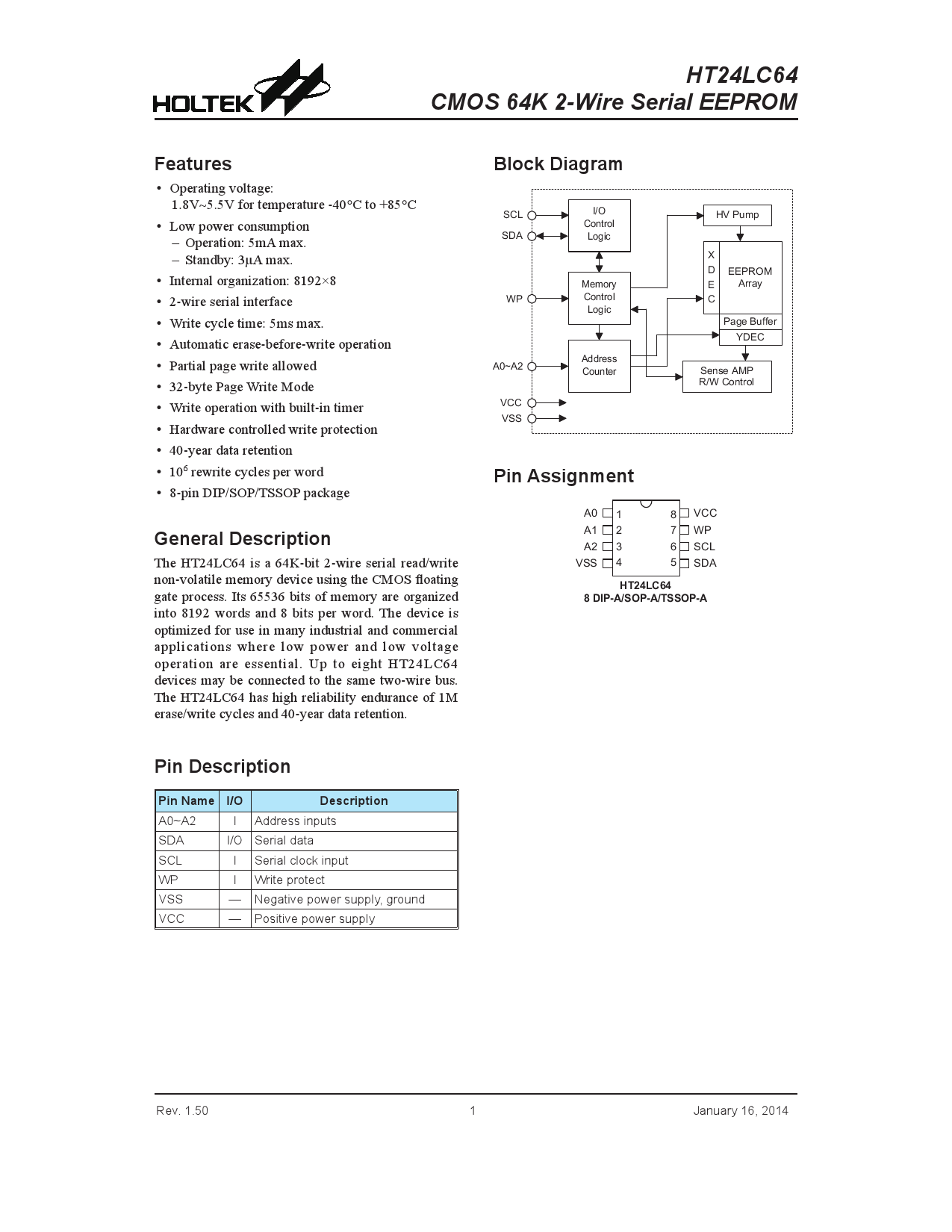 HT24LC64 全新原装HOLTEK合泰 EEPROM存储器IC芯片SOP8 64-Kbit