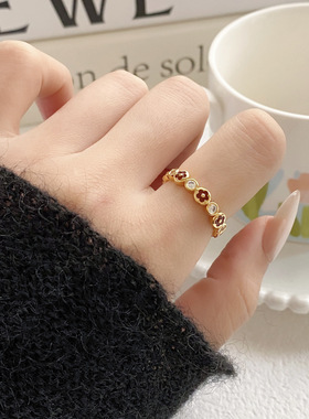 酒红滴油花朵锆石开口可调戒指