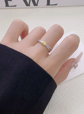 时尚简约冷淡风戒指交叉金缠银个性百搭精致小众设计感开口戒指女