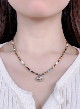 复古新中式虎眼石木马吊坠项链