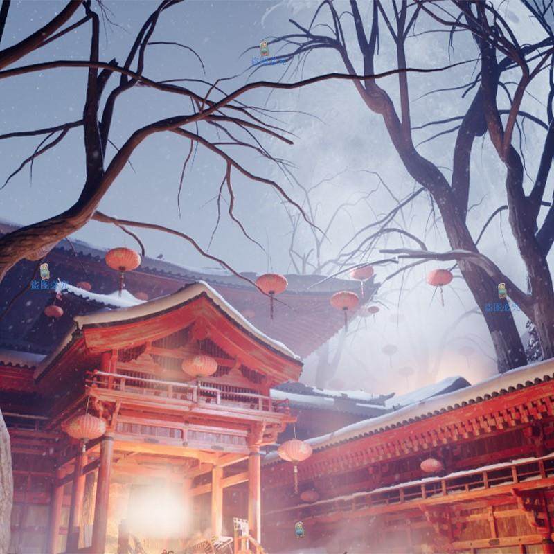 ue4场景中国风雪景日系虚幻高质量写实园林造型新古风场景3d模型