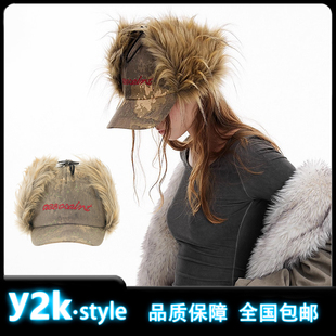 Y2K迷彩帽子复古撞色刺绣亚文化护耳毛雷锋棒球帽棕色潮酷棒球帽