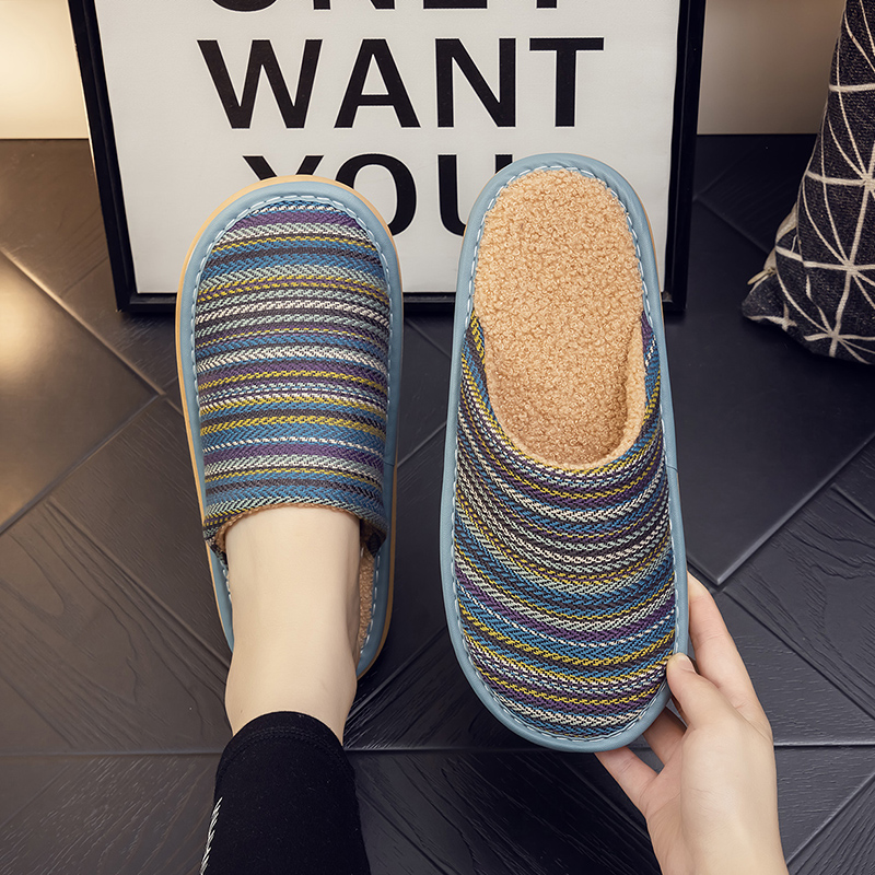 秋冬季家用布艺拖鞋男室内居家防滑软底情侣保暖家居毛绒拖1119h