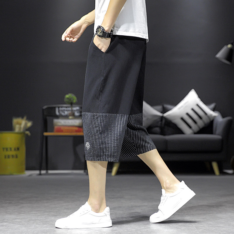 중국 스타일 남성 크롭 바지 여름 유행 브랜드 얇은 자수 스트라이프 린넨 캐주얼 반바지 대형 루즈 트렌드
