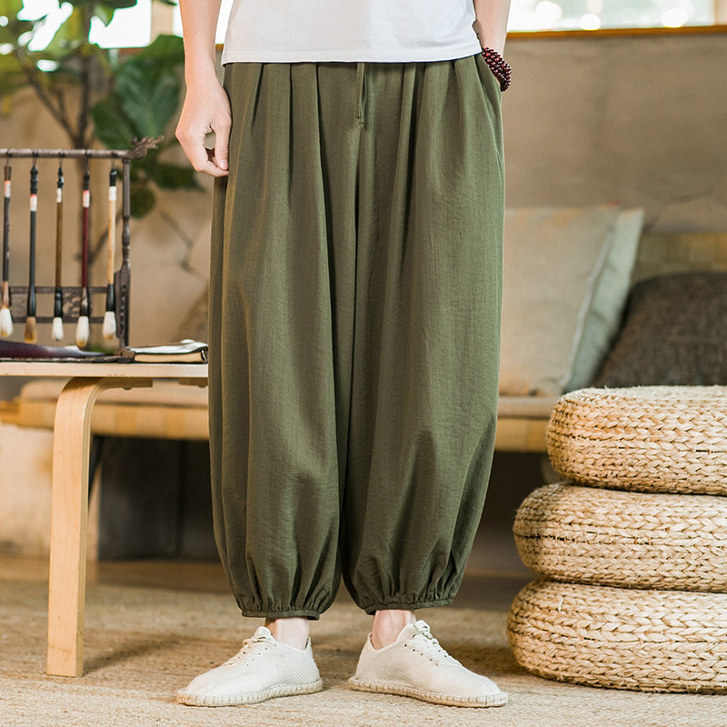 남성용 리넨 와이드 팬츠 루즈 스트레이트 드레이프 아이스 실크 캐주얼 9점 팬츠 여름 얇은 그레이 트렌드