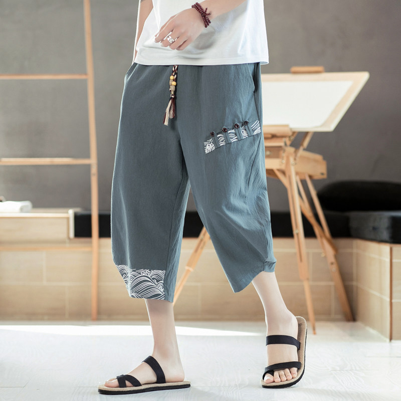 중국 스타일 남성 여름 얇은 면화와 린넨 크롭 바지 느슨한 지방 대형 린넨 바지 캐주얼 하렘 반바지 유행